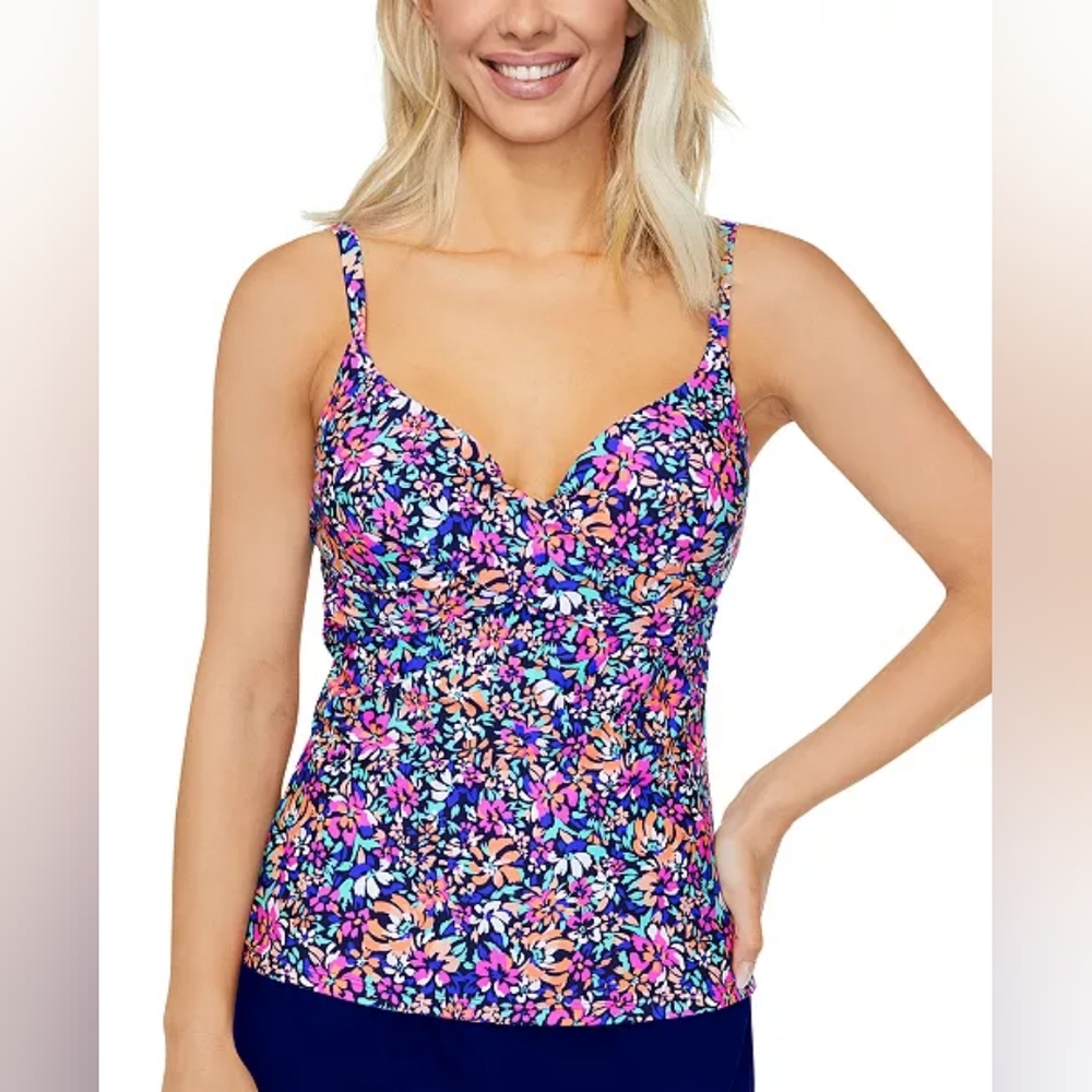 Island Escape Women's Gemini Printed Push-Up Tankini Top Size 14 Navy Multi